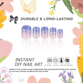 Blue Press on Nails Short Square MABKJLF Petite Fake Nails Silver Swirl Line False Nails with Gradient Designs Full Cover Glossy Glue on Nails Summer Acrylic Nails for Women Girls 24Pcs