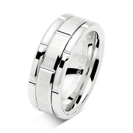 100S JEWELRY Tungsten Rings For Men Wedding Band White Gold Brick Pattern Rhodium Plated Size 6-16 (Tungsten, 10)