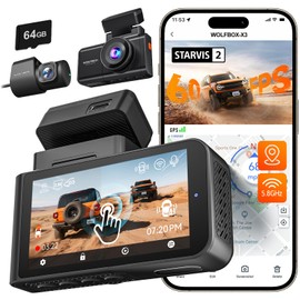 WOLFBOX X3 2.5K 60FPS Dash Camera, STARVIS 2 IMX675 with ADAS, 2.5K+1080P Dual Dashcam Front and Rear Camera, Built-in 5.8GHz WiFi & GPS, Included 64GB Card, Touch Screen, G-Sensor, Loop Recording