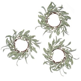 LampLust Christmas Candle Rings Wreaths, Set of 3, Frosted Mistletoe Mini Wreath with Pearl Beads, Fits 3 Inch Pillar Candles, Candle Rings for Pillars, Christmas Table Decor, Holiday Decorations