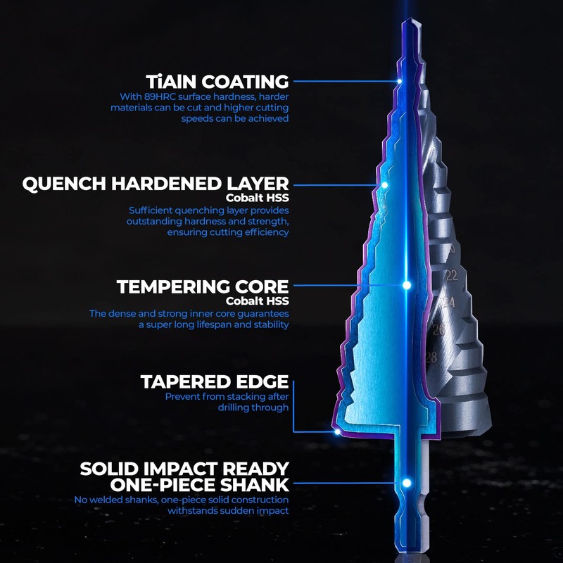 toolant Four Spiral Flute Cobalt Step Drill Bit(Pro), 3/16" -