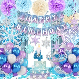 Birthday Decorations Girls, Winter Snow 4th Balloons Birthdays Party Supplies with Number 4 Candle, Pompoms, Snowflake Balloons, Crown, Fringe Curtain Princess Happy Birthday Banner for 4th Girls