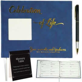 Jaailee Leather Funeral Guest Book for Memorial Service Celebration of Life Guest Book 9” x 7” Funeral Sign in Book for Guests |1 Guest Book|1 Black Pen|1 Memory Table in Package Box (Blue-Black)