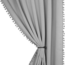 LORDTEX Pom Pom Blackout Curtains for Bedroom, 42 x 84 inch, Silver Grey, Set of 2 Panels - Thermal Insulated Curtains, Sun Light Blocking Rod/Pole Pocket Window Drapes for Living Room