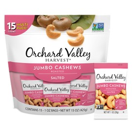 Orchard Valley Harvest Jumbo Cashews, 1 oz Bags (Pack of 15), Whole Roasted Salted Cashews, Gluten Free, No Artificial Colors or Flavors, Non-GMO*, Healthy Snack