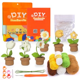 6 PCS Potted Plants Beginner Crochet Kit with Yarn Hook Needles Complete Crochet & Craft Kit for Beginners Crochet Set for Adults with Step-by-Step Instructions and Video Tutorials - White