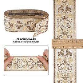 DELORIGIN Golden Boho Jacquard Ribbon Flower Ribbon 5 m Ethnic Embroidery Polyester Flat Border 61 mm Borders and Ribbons for Sewing Woven Lace Ribbon for Sewing Clothes Bags Hats Gifts