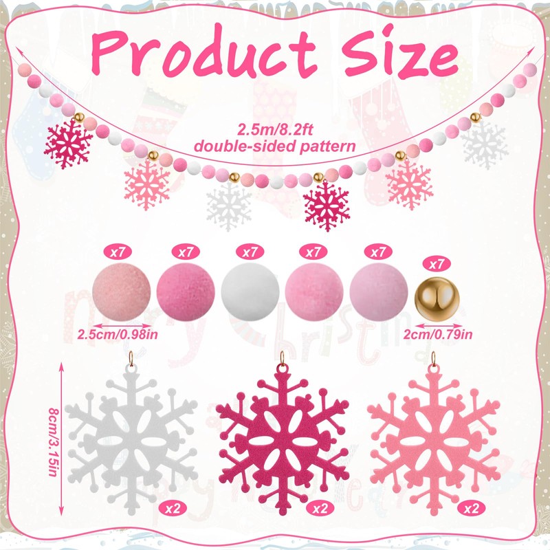 Breling 2 Pack 8.2Ft Christmas Snowflake Banner Pink White Felt