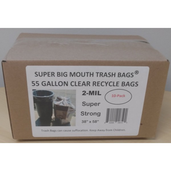 Super Big Mouth Trash Bags® 55 Gallon CLEAR Recycle Trash Garbage Bags 2-MIL 38"W x 58"H - 10 Pack