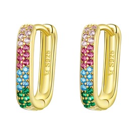 Square Colourful Hoop Earrings with Zirconia - Qings Sterling Silver Small Rainbow Rectangular U-shaped Gold-Plated Geometric Huggie CZ Hypoallergenic Hoop Earrings for Women and Girls, Sterling