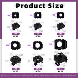 Swpeet 48Pcs 6 Sizes M4 M5 M6 M8 M10 M12 Black Zinc Plated Carbon Steel Snap-in Cage Nuts, Square Cage Nut, Rack Rail Retainer Nuts, Server Shelf Cabinets Rack Mount Cage Nuts, Clip-On Computer Nuts