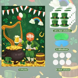 St Patricks Day Party Games Pin The Hat on The Leprechaun for Kids St. Patricks Day Party Favors Supplies, Large Pin The Game Poster with 20 Green Hat Stickers
