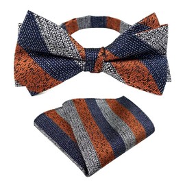 Secdtie Mens Navy Grey Burnt Orange Cravat Woven Bow Ties Hanky Handkerchief Set for Boys