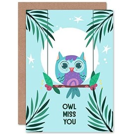 Wee Blue Coo Kawaii Owl Perch Miss You Greeting Card With Envelope Blank Inside Premium Quality