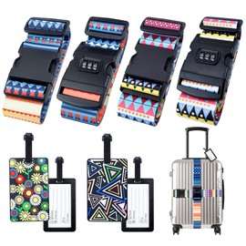 Hivia Pack of 4 Luggage Straps with Lock + 4 Suitcase Marking, Suitcase Strap, Eye-catching Suitcase Strap with Address Label, Suitcase Strap, Colourful, Bohemian Style