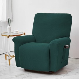 CONRUSER Stretch Recliner Chair Covers, 4-Piece Soft Sofa Cover Thick Single Seat Couch Cover Jacquard Recliner Slipcover with Pocket (Dark Green)