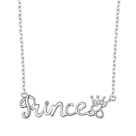 FLYOW 925 Sterling Silver White Cz Crown Princess Pendant Word Charm Necklace for Girlfriend Wife Daughter Granddaughter Birthday Gifts