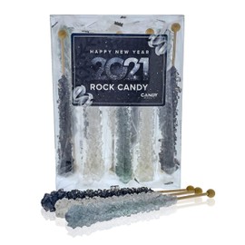 Happy New Year Rock Candy - 10 Pack - Silver, Black, and White Large Individually Wrapped Rock Candy Sticks