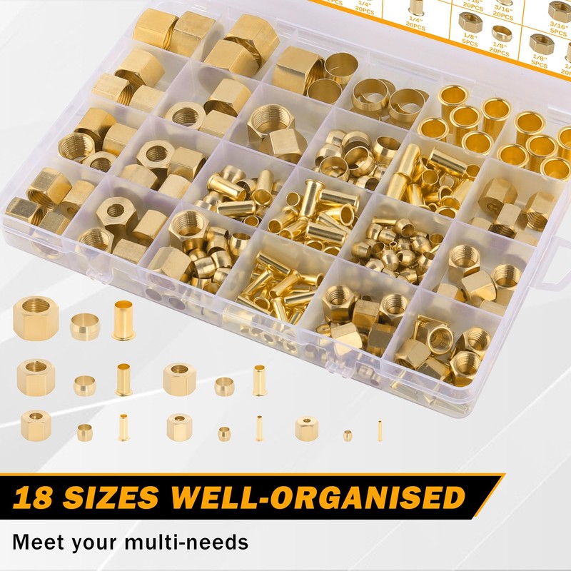 HASAOMOI 255PCS Brass Compression Sleeves Ferrules Inserts Nuts Fittings for