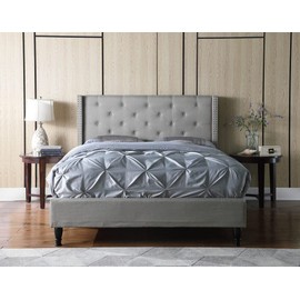 Oliver & Smith Platform Bed Frame Queen Size with Grey Linen Upholstered 51-Inch Button Tufted Headboard Wood Slats Easy Assembly No Box Spring Needed