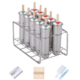 10Pcs Stainless Steel Popsicle Molds and Rack Ice Cream Popsicle Molds with 10 Round Ice Pop Makers + 100 Reusable Bamboo Sticks + 20 Bags + 1 Cleaning Brush + 1 Rack (Silver (Round))