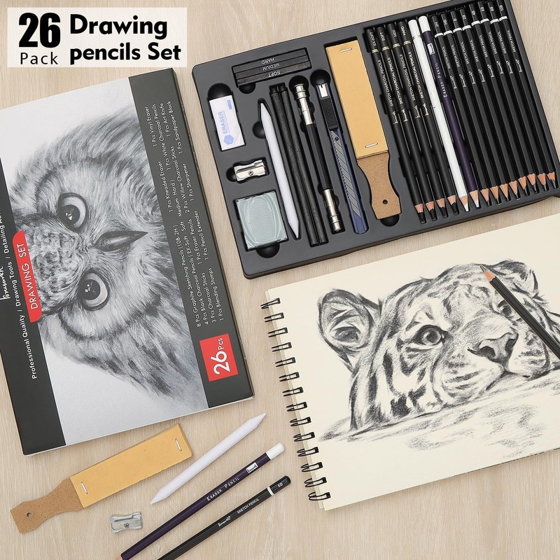 Brusarth Charcoal Pencils for Drawing, Set of 26, Professional Drawing