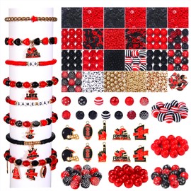 Game Day Beads for Bracelets Making Kit,Red Black Heishi Clay Pearl Letter Assorted Round Beads Gold Spacer Beads with Football Charms for DIY Bracelets Necklace Jewelry Making, 2100PCS+