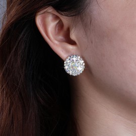 Sttiafay Round Rhinestone Stud Earrings Silver Full Crystal Stud Earrings Cluster Cubic Zirconia Wedding Earrings Sparkly Colorful Rhinestone Earrings CZ Circle Glitter Earrings