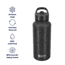 SHO Guzzler Water Bottle with Straw Lid - Leakproof, Dishwasher Safe, BPA Free, No Sweat, Vacuum Insulated Double Walled Stainless Steel Flask, 950ml & 1900ml - 24 Hours Cold (Black Leopard, 950ml)