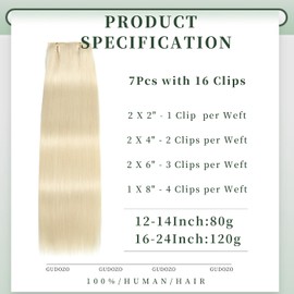 GUDOZO Clip-In Real Hair Extensions, 7 Pieces, 60 cm, 120 g, Bleach Blonde Invisible Clip Extensions, Skin Weft Hair Extensions (24 Inches, 60#)