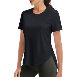 MAGCOMSEN Gym Tops for Women Quick Dry Lightweight Black Shirts UPF 50+ Sun Shirts with Side Slits for Athletic Sport XL