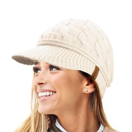 TOSKATOK Ladies Peaked Cable Knit Warm R80 Teddy Fleece Lined Beanie Winter Hat Cap-Cream
