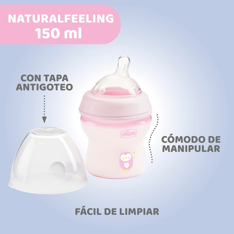 CHICCO, Biberón Natural Feeling, Color Rosa, 150 ml