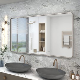 VANLIO Silver Mirror for Bathroom, 55x30 Large Silver Brushed Metal Framed Rectangular Vanity Mirror for Wall, Rounded Corner, Anti-Rust(Horizontal/Vertical)