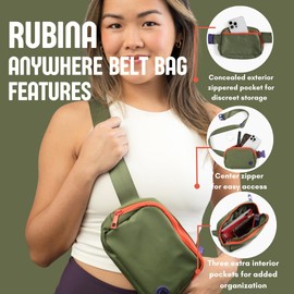 Rubina Anywhere Belt Bag | Crossbody Bag for Women | Unisex Hip Waist Pack for Hiking, Workout, Running, Traveling, Festivals | Chest Bag | Adjustable Strap | Evergreen (Olive/Orange)