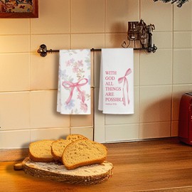 JKMBN Christian Coquette Pink Bows Kitchen Towels Set of 2, with God All Things are Possible Bible Verse Hand Towels Tea Towels, Christian Gifts for Women, Pink Dishcloth for Home Bathroom 16x24 Inch