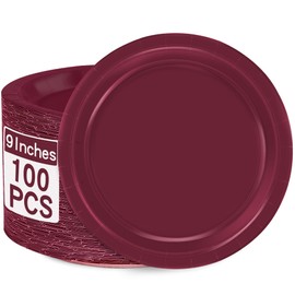 QZYL 100 PCS Disposable Plates, Burgundy Paper Plates, 9" Sturdy Paper Plates Round Dinner Plates Hot Cold Food Tableware Bulk for Daily Use Party Supplies Birthday Camping Picnic