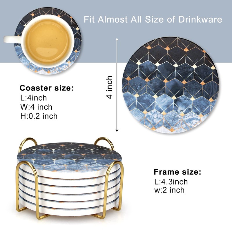 Vibiliyou Absorbent Coasters Blue Cube Coasters with Gold Holder Round