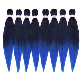 Pre Stretched Braiding Hair 20 Inch 8 Packs Natural Black to Blue Ombre Braiding Hair Professional Hot Water Setting Perm Yaki Synthetic Hair Extension for Twist Crochet Braids (#1B/Blue)