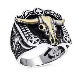 Personalize Mens Black Textured Animal Buffalo Cow Skull Antelope Goat Big Western Jewelry Texas Longhorn Skull Mens Signet Ring Two Tone .925 Sterling Silver Customizable
