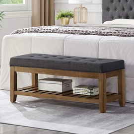 24KF Large Rectangular Upholstered Tufted Linen Ottoman Bench, Padded Bench with Solid Wood Shelf-Dark Gray