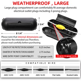 (4-Pack) Large Black Outdoor Extension Cord Plug Protector for AWG12/14/16 Cords | Water-Resistant Holder for Holiday String Lights and Wires | Capsule Shaped Protector with Large Compartment