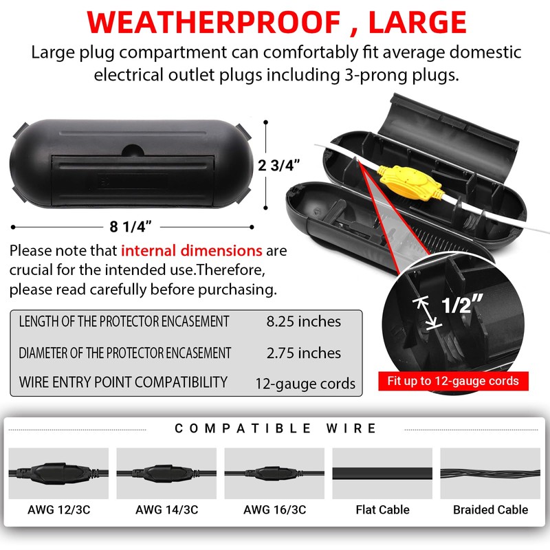 (4-Pack) Large Black Outdoor Extension Cord Plug Protector for AWG12/14/16