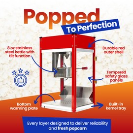 Brevix Popcorn Machine - Electric Popcorn Popper | Stainless Steel Kettle With Scoops, Bags & Cups | Countertop Machine, Theater Style | Ready in 5 Minutes | 750 W | Red, 8 oz (32 Cup Capacity)