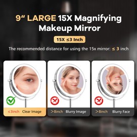 15x Makeup Mirror with Light, Lighted Vanity Mirror with 3 Color Brightness Adjustable, 360°Rotation Double Side Bathroom Mirror -Chrome