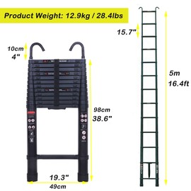 Telescopic Ladder with 2 Hooks, 16.4FT, 330lbs Max Load Heavy Duty Multi-Purpose Folding Aluminium Telescoping Portable Loft Ladder, Folded 3.2ft, for DIY Home Office Garden Attic Ladder