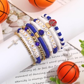 Landical 8 Pcs Basketball Game Day Bracelets Heishi Clay Beaded Stretch Bracelets Basketball Mom Accessories Jewelry Gifts(Blue, White)