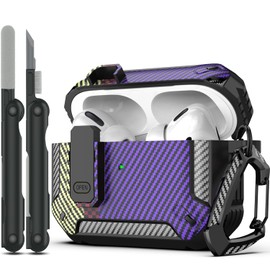 RFUNGUANGO for AirPods Pro Case Cover with Cleaner Kit, Military Hard Shell Protective Armor with Lock for AirPod Pro Charging Case, Front LED Visible, Carbon Fiber Purple
