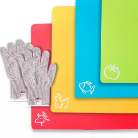 Chef Grids 4 Pk Durable Plastic Cutting- Chopping Board Set, for Vegetable/ Meat W/ Gloves