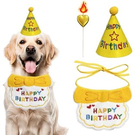Birthday Dog Hat and Bib Party Set, Stylish Plaid Dog Birthday Bib, Birthday Gift Multiple Color Offered, Dog Bandana for Medium Large Dogs (Yellow)